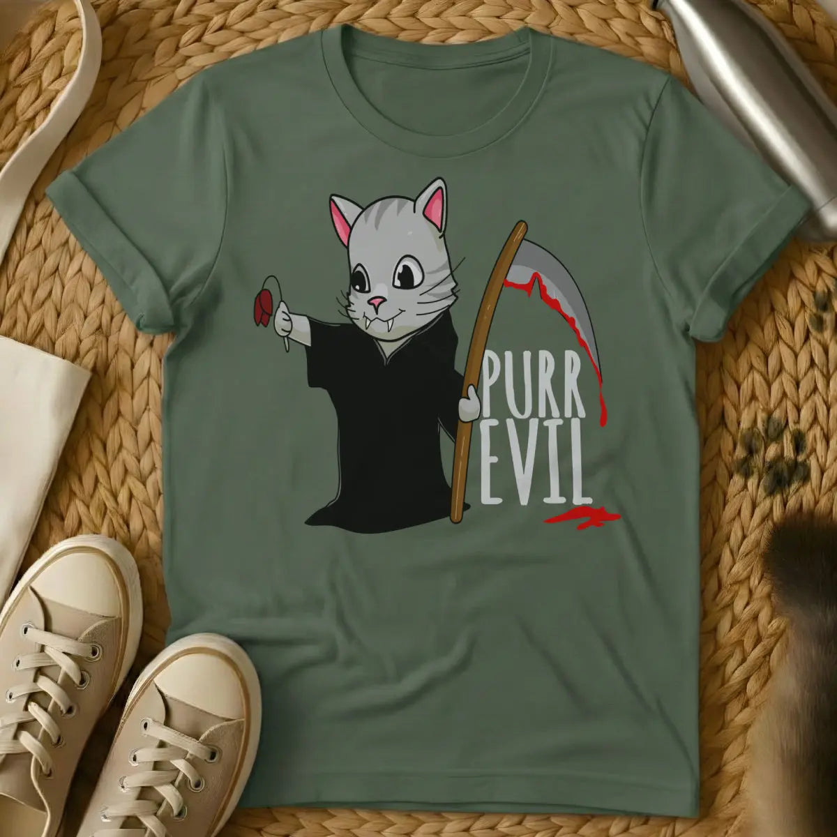Evil Cat Shirt - Military Green T-Shirt - chaos agent cat, existential cat, feline mastermind