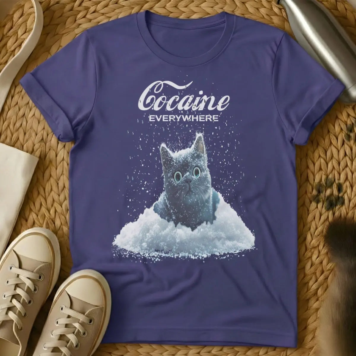 Cat in Snow Cat Tee - Purple T-Shirt - feline regret meme, indoor cat problems, relatable cat humor