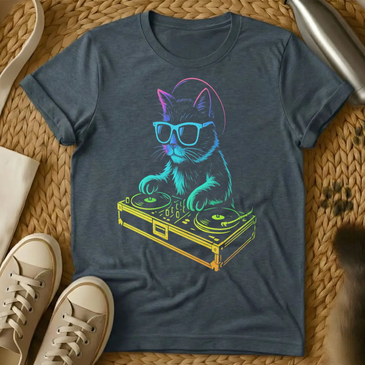 DJ Cat Shirt - Dark Heather T-Shirt - cat parent humor, feline frequencies, insomniac pet