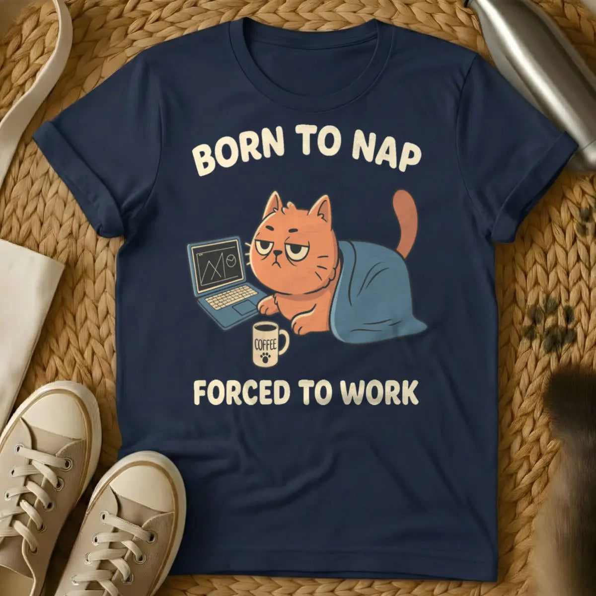 Born to Cat Forced to Work Cat Tee - Navy T-Shirt - anti-work meme, cat envy humor, existential cat humor