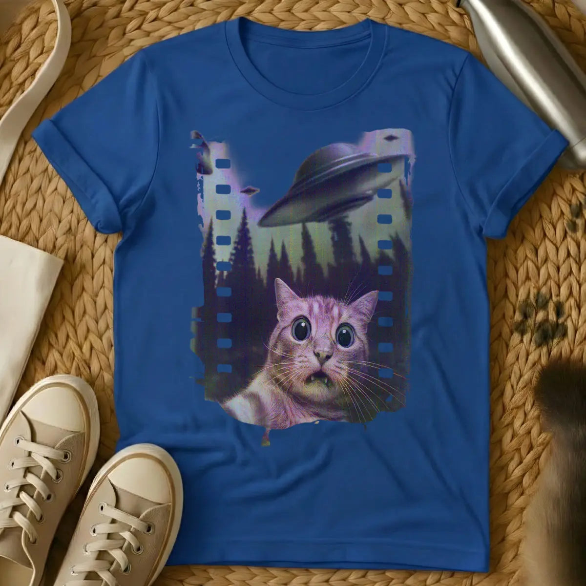 Cat UFO Shirt - Blue T-Shirt - absurdist sci-fi, conspiracy cat, extraterrestrial feline