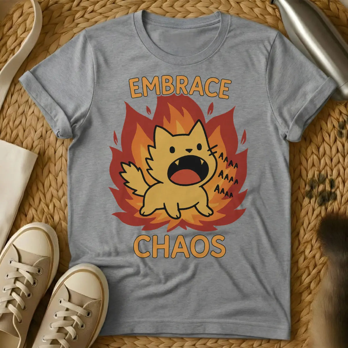 Embrace the Chaos Cat Shirt - Gray T-Shirt - cat parent humor, chaos theory cat, philosophical feline