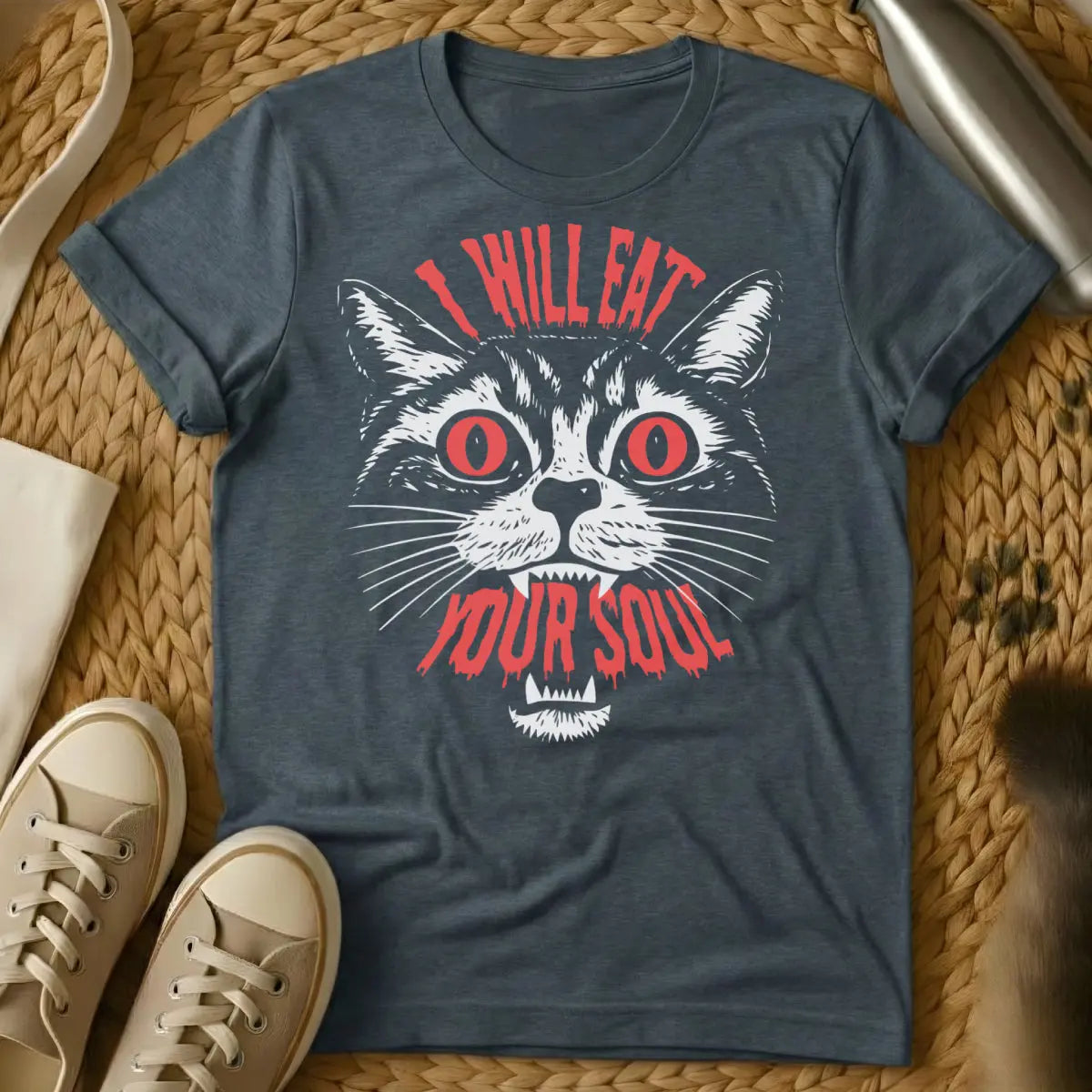 I Will Eat Your Soul Tee - Dark Heather Cat T-Shirt