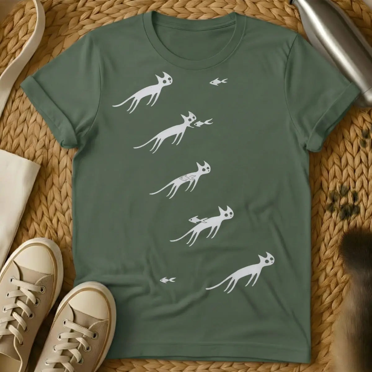 Cat Ghost Tee - Military Green T-Shirt - cozy goth, cute spooky, kawaii ghost