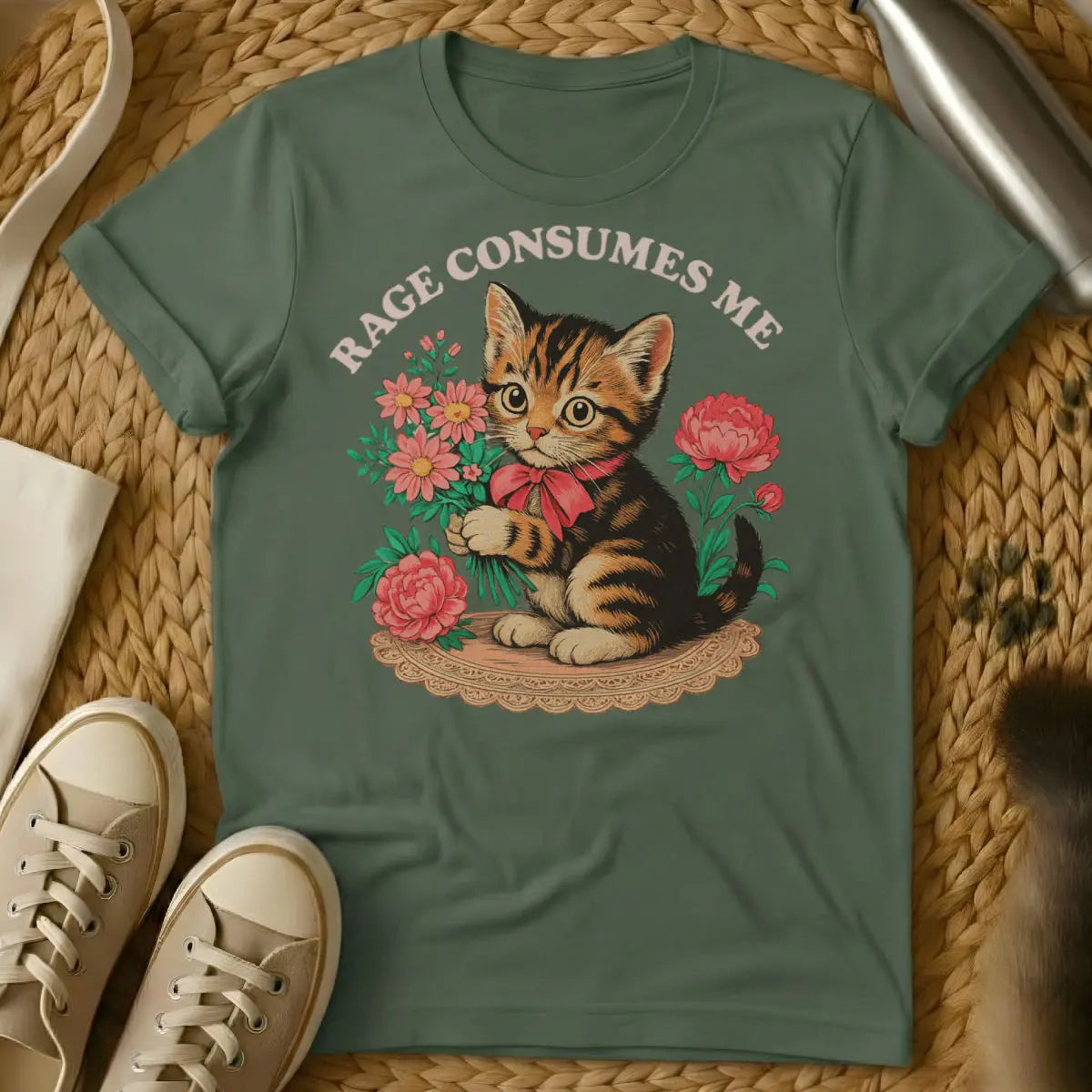 Rage Consumes Me Cat Shirt - Military Green Cat T-Shirt