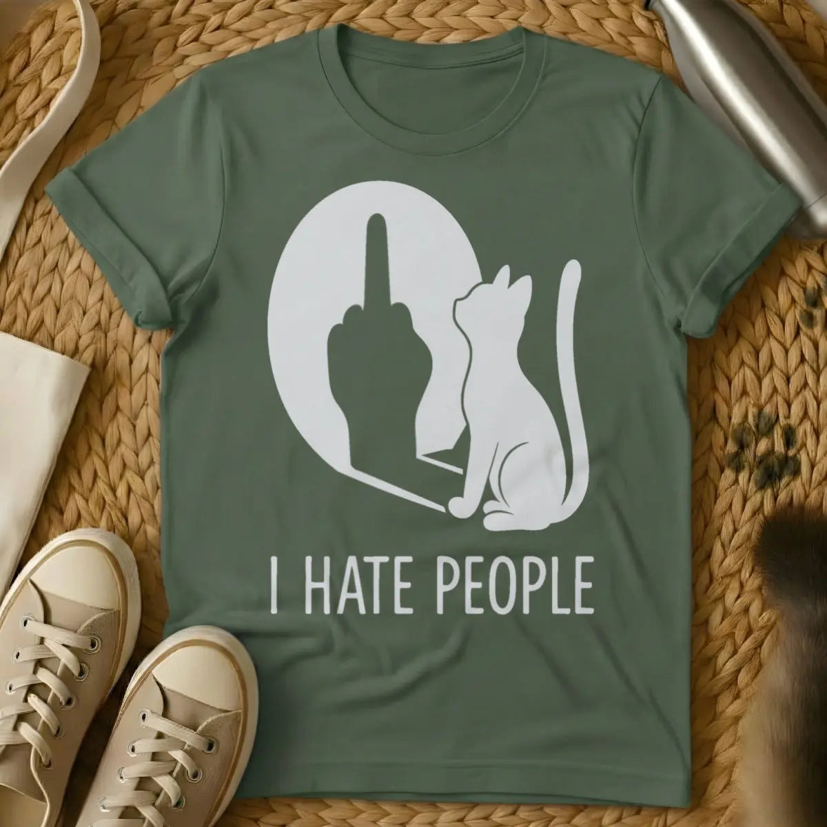 I Hate People Cat T-Shirt - Military Green Cat T-Shirt