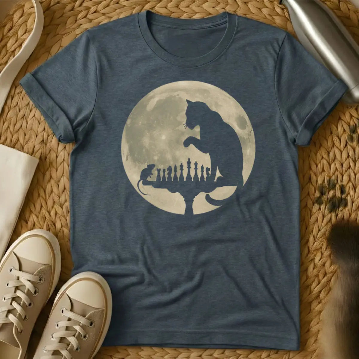 Chess Cat Shirt - Dark Heather T-Shirt - board game disruption, chess player humor, mischievous feline