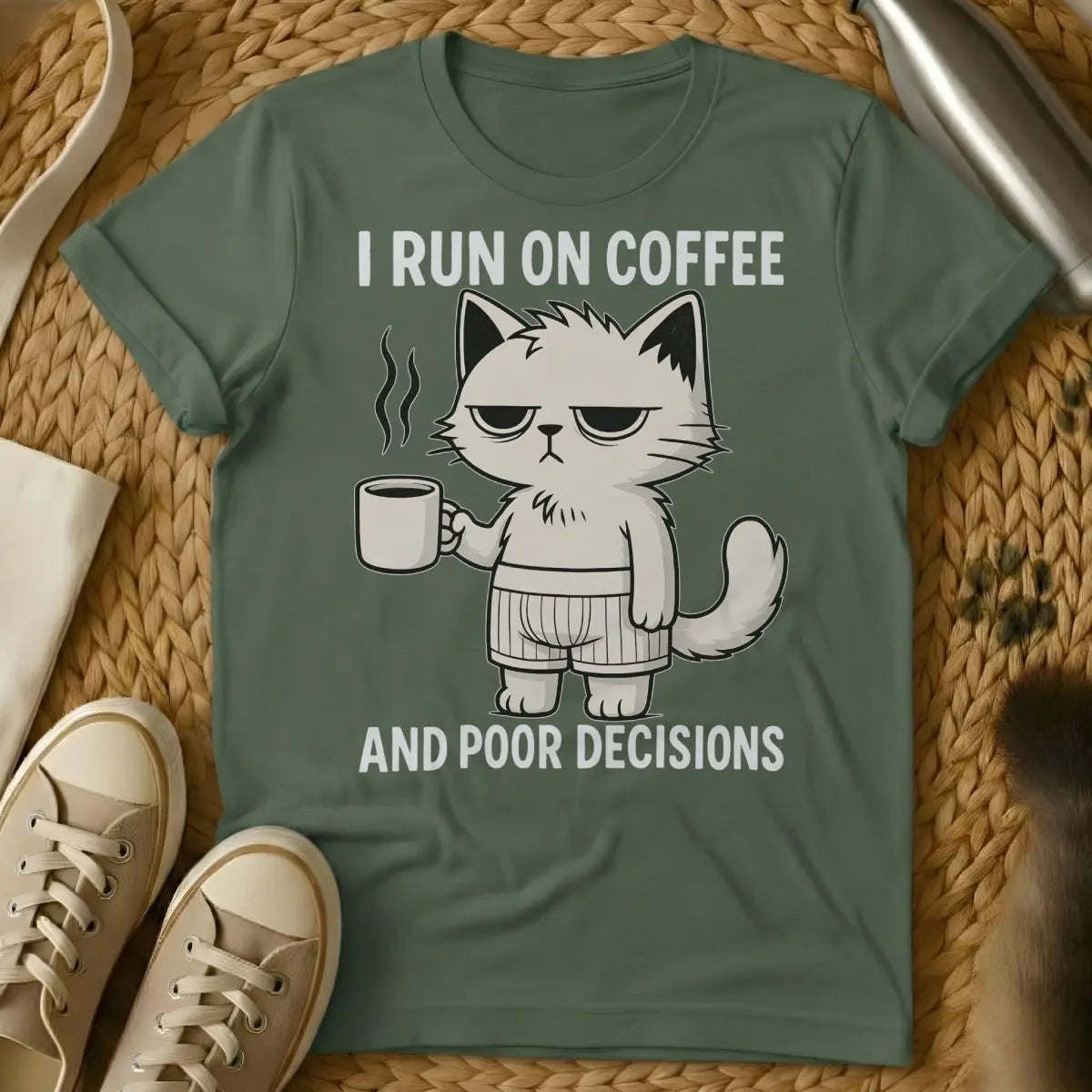 Coffee Cat Shirt - Military Green T-Shirt - caffeine lover, cat parent life, hygge aesthetic