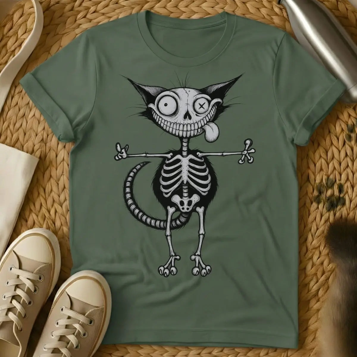 X-Ray Cat Shirt - Military Green Cat T-Shirt