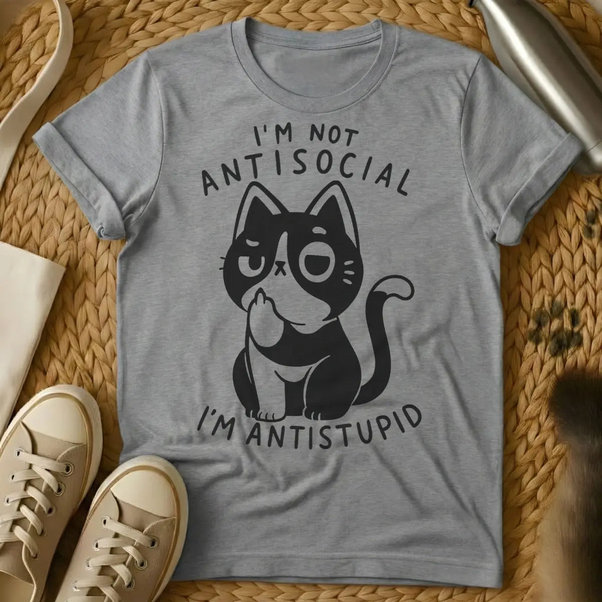 Antisocial Cat Shirt - Gray T-Shirt - homebody apparel, introvert cat parent, introvert humor