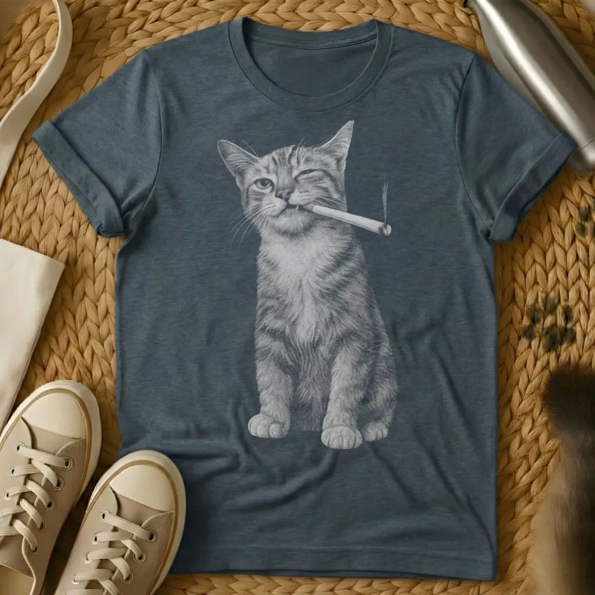 Smoking Cat Tee - Dark Heather Cat T-Shirt