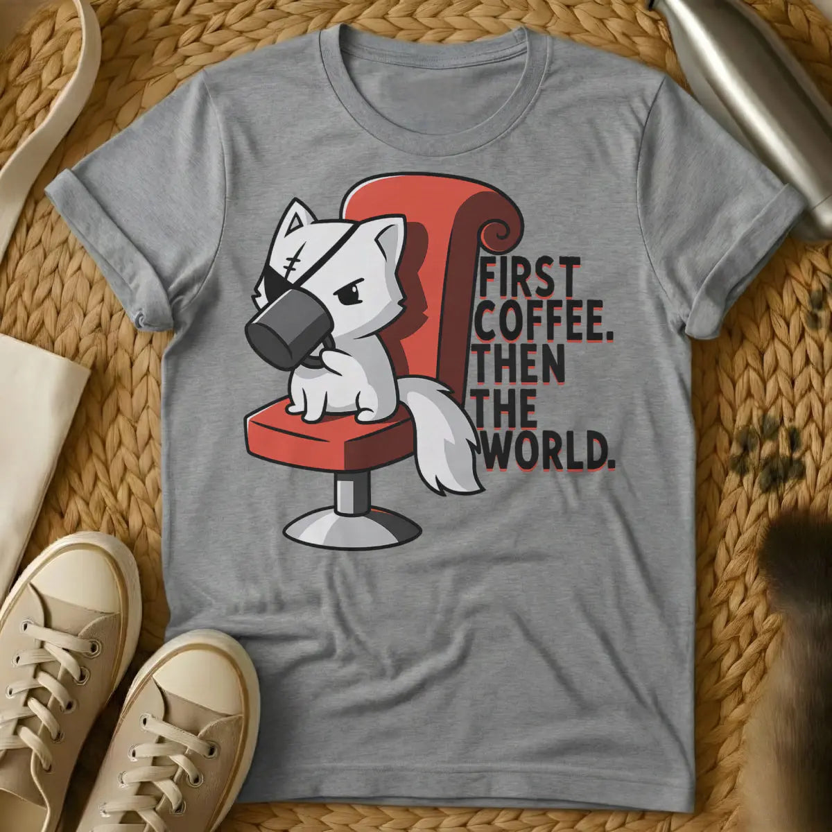 First Coffee Then The World Tee - Gray T-Shirt - caffeine fiend, cat overlord, feline coffee ritual