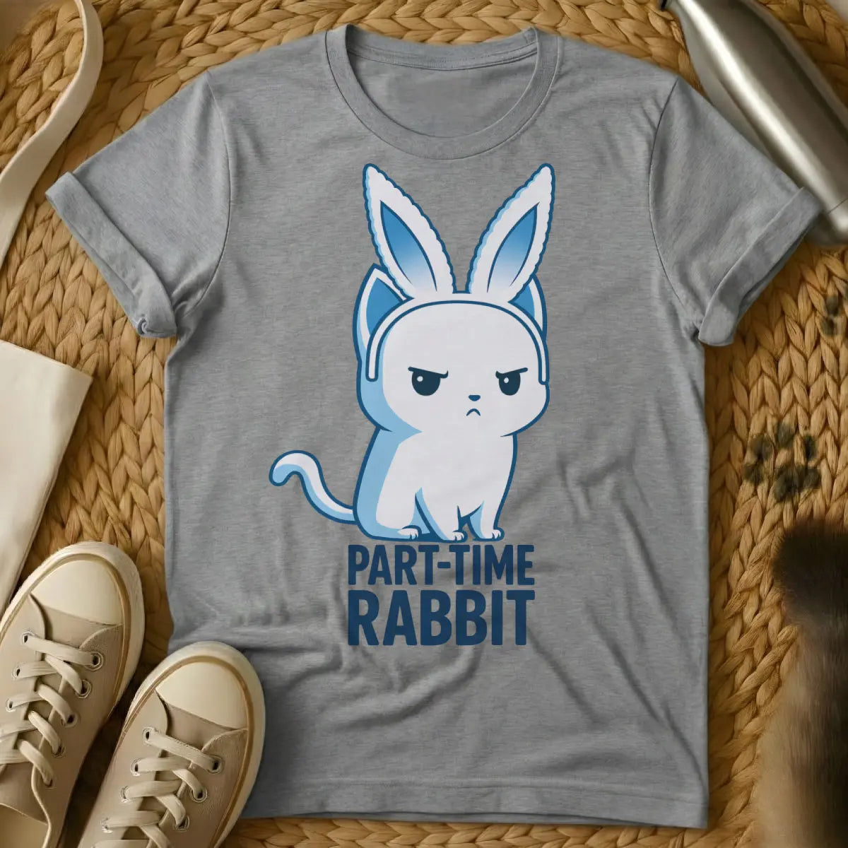 Bunny Cat Shirt - Gray T-Shirt - cat revenge humor, disgruntled pet portrait, holiday pet trauma