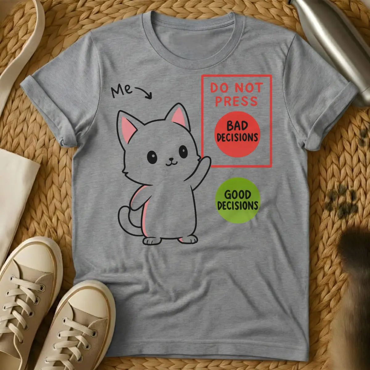 Bad Decisions Cat Shirt - Gray T-Shirt - chaotic good pet, existential cat humor, no regrets cat