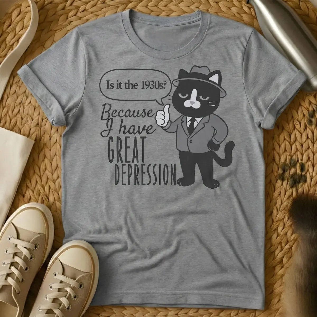 Depression Cat Tee - Gray T-Shirt - emotional support pet, introvert companion, mental health ally