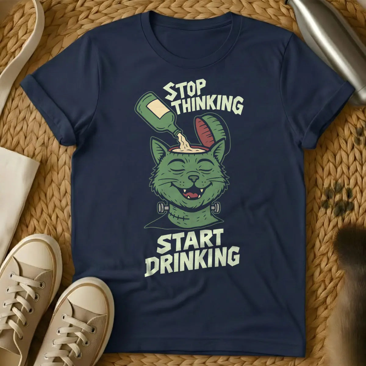 Funny Drinking Cat T-Shirt - Navy T-Shirt - bar cat scene, happy hour cat, ironic pet observer