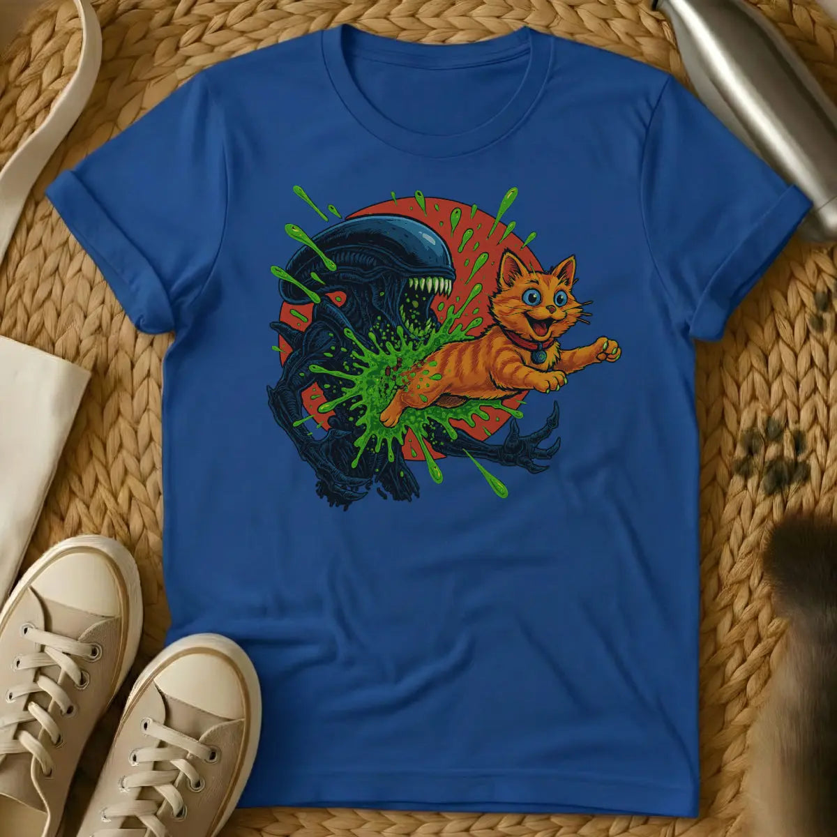 Alien Chestburster Cat Shirt - Blue T-Shirt - chestburster parody, cult film mashup, dark cat humor