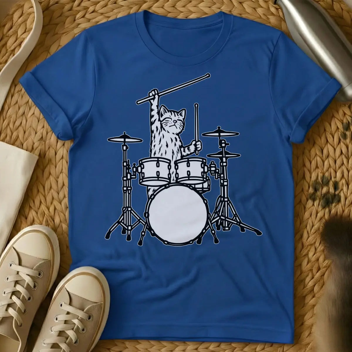 Drummer Cat Shirt - Blue T-Shirt - animal rhythm art, cat parent inside joke, feline percussionist