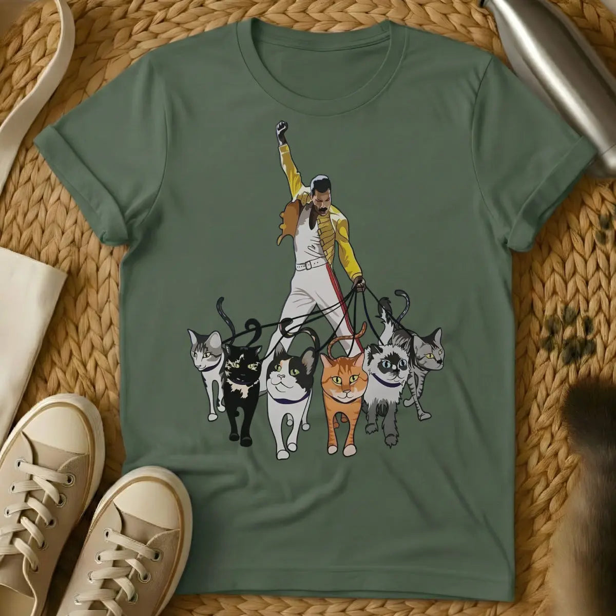 Freddie Mercury Cat Shirt - Military Green T-Shirt - band tribute parody, diva feline, music icon parody