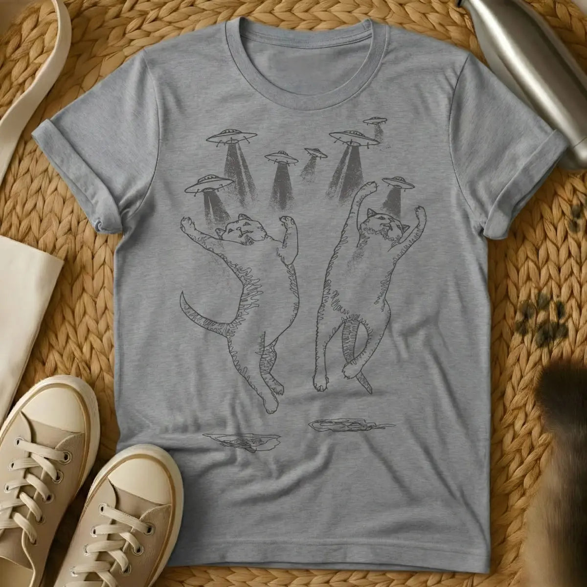 Cat UFO Shirt - Gray T-Shirt - extraterrestrial feline, first contact art, government cover-up