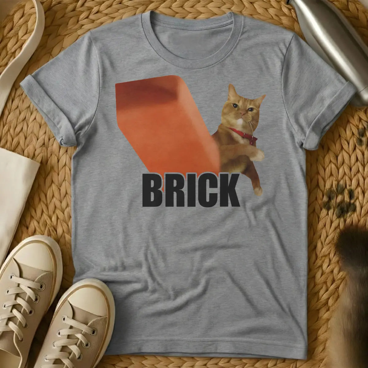 Cat Brick Shirt - Gray T-Shirt - cat owner relatability, feline inertia humor, gravitational cat theory