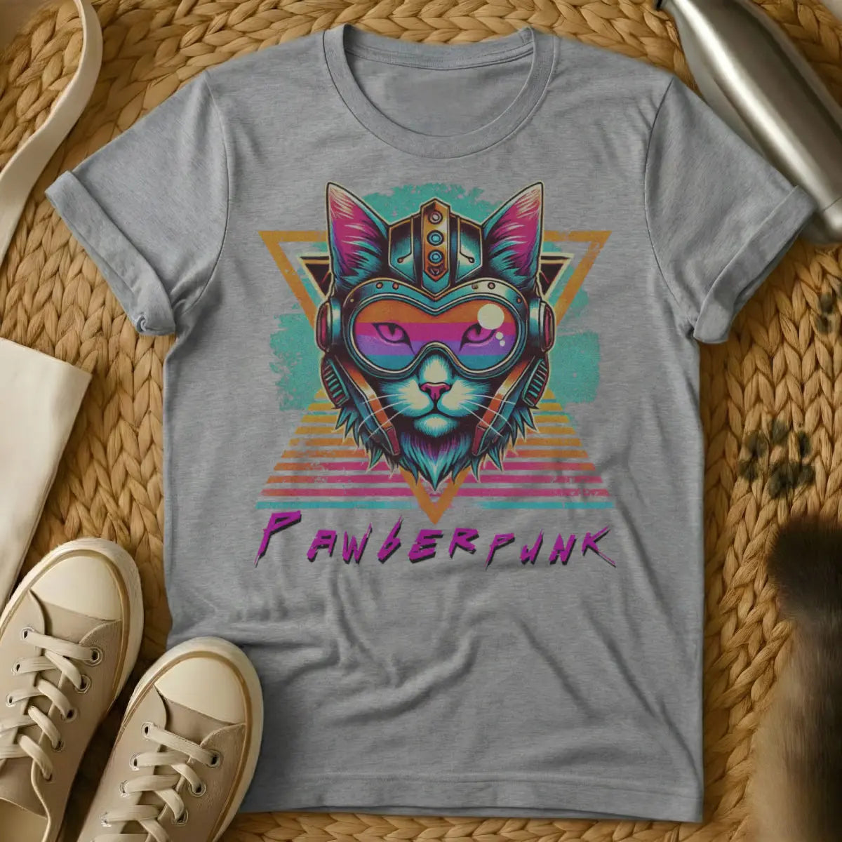 Cyberpunk Cat Shirt - Gray T-Shirt - dystopian feline, neon noir, night city cat