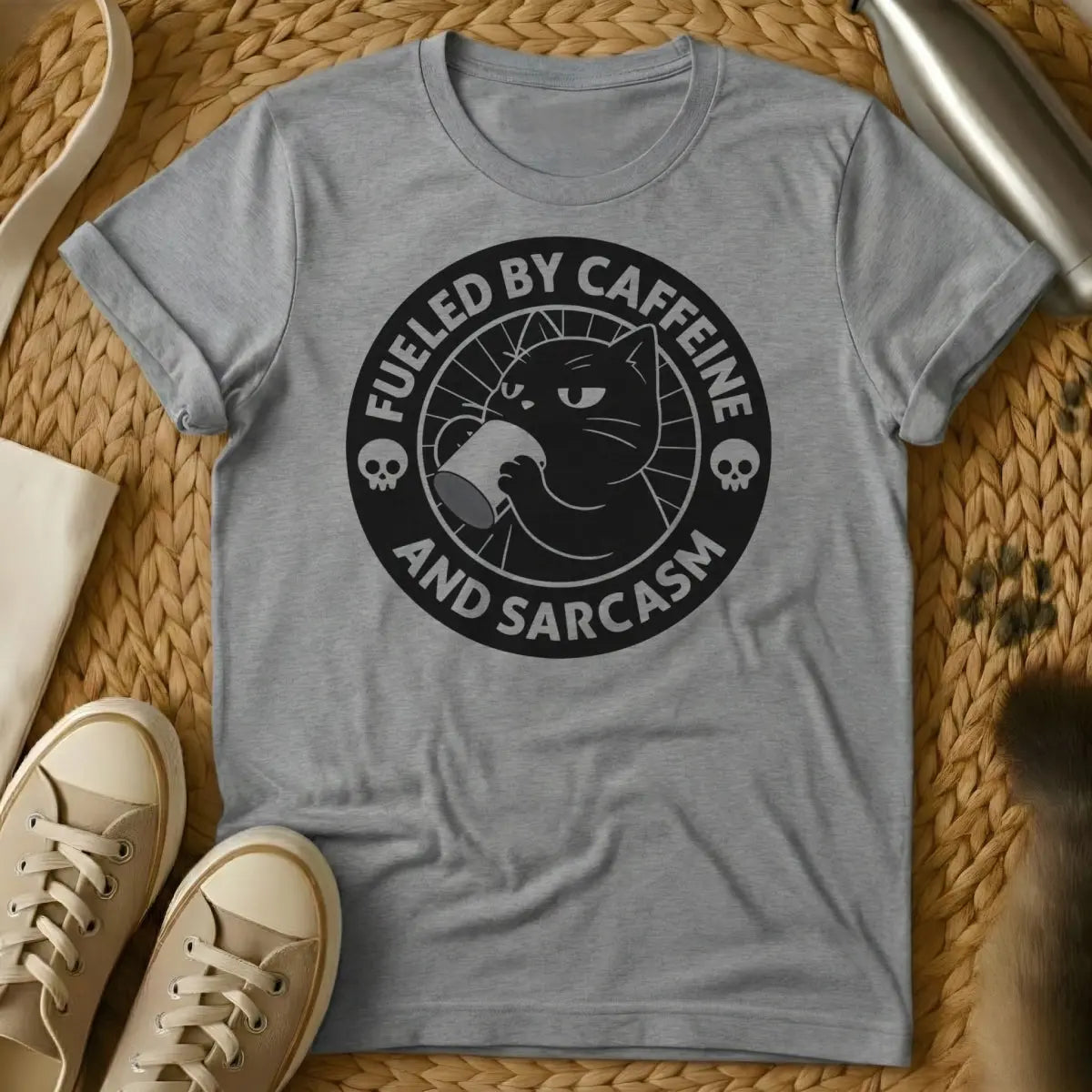 Caffeine Cat Shirt - Gray T-Shirt - chaotic feline energy, coffeeholic cat, morning brew cat