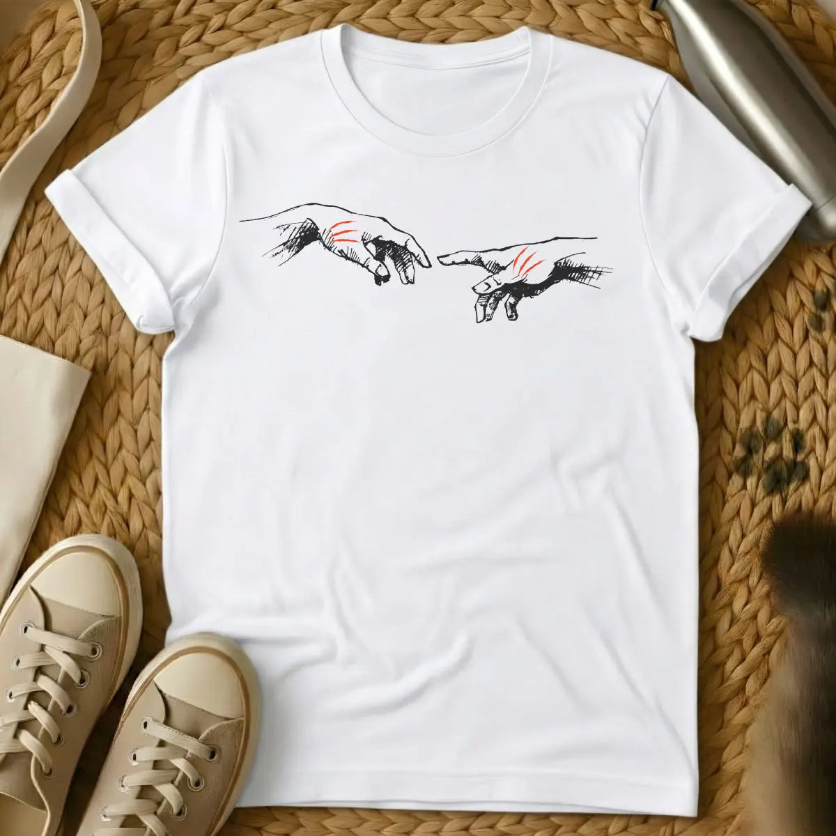 Creation of Adam Cat Shirt - White T-Shirt - classical art meme, feline masterpiece redux, michelangelo spoof