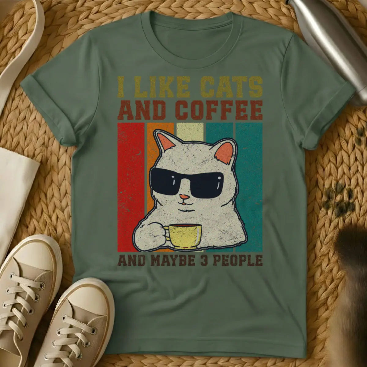 I Like Cats and Maybe 3 People Shirt - Military Green Cat T-Shirt