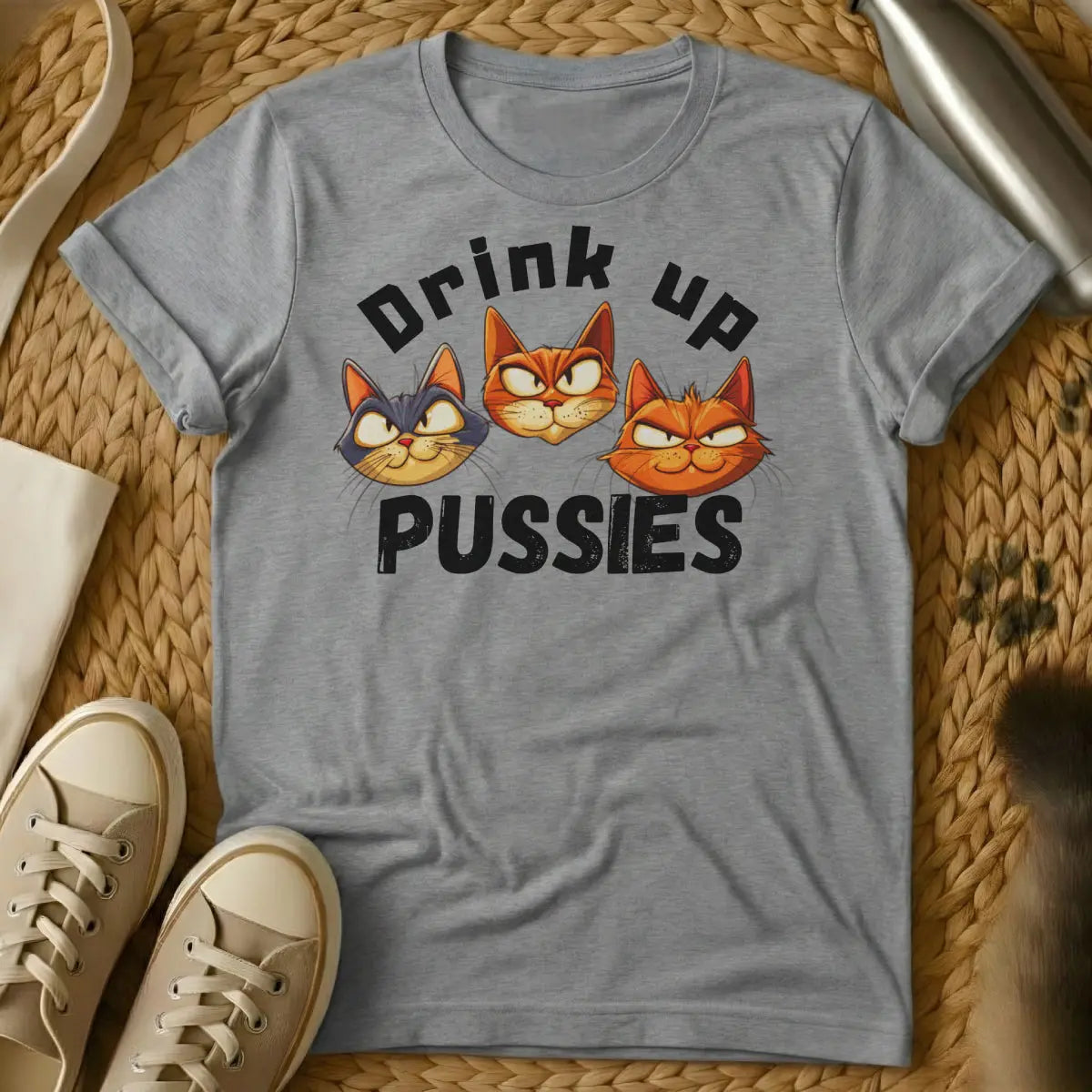 Drink Up Cat Shirt - Gray T-Shirt - cat & cocktails, cat mom wine lover, feline sommelier