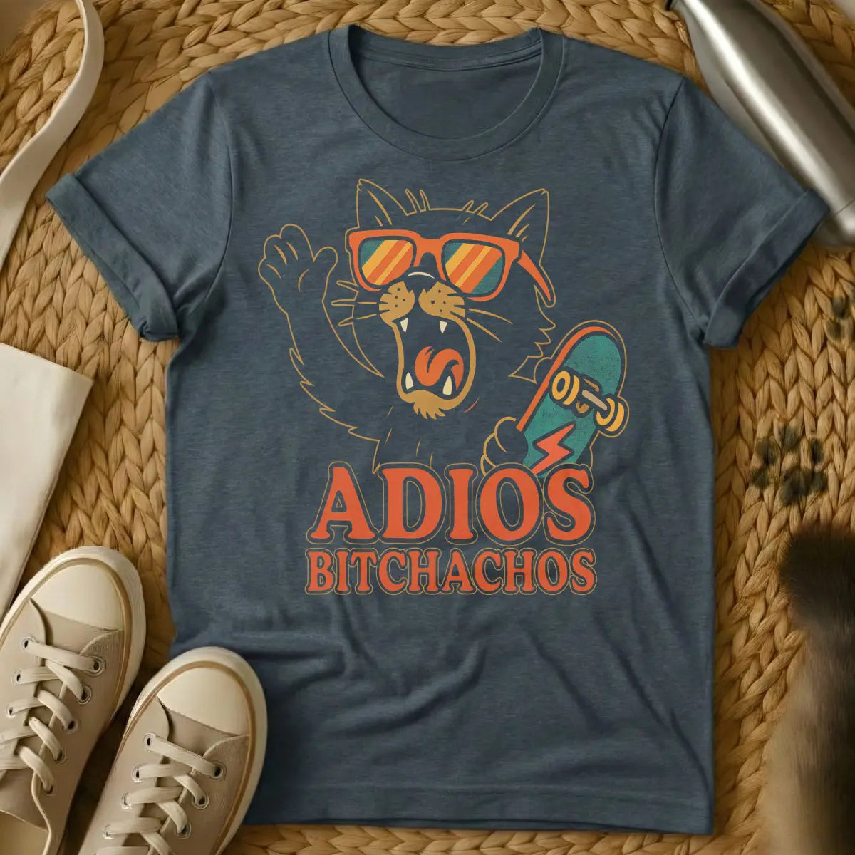 Adios Bitchachos Cat Shirt - Dark Heather T-Shirt - cat mic drop, dramatic cat farewell, feline diva exit