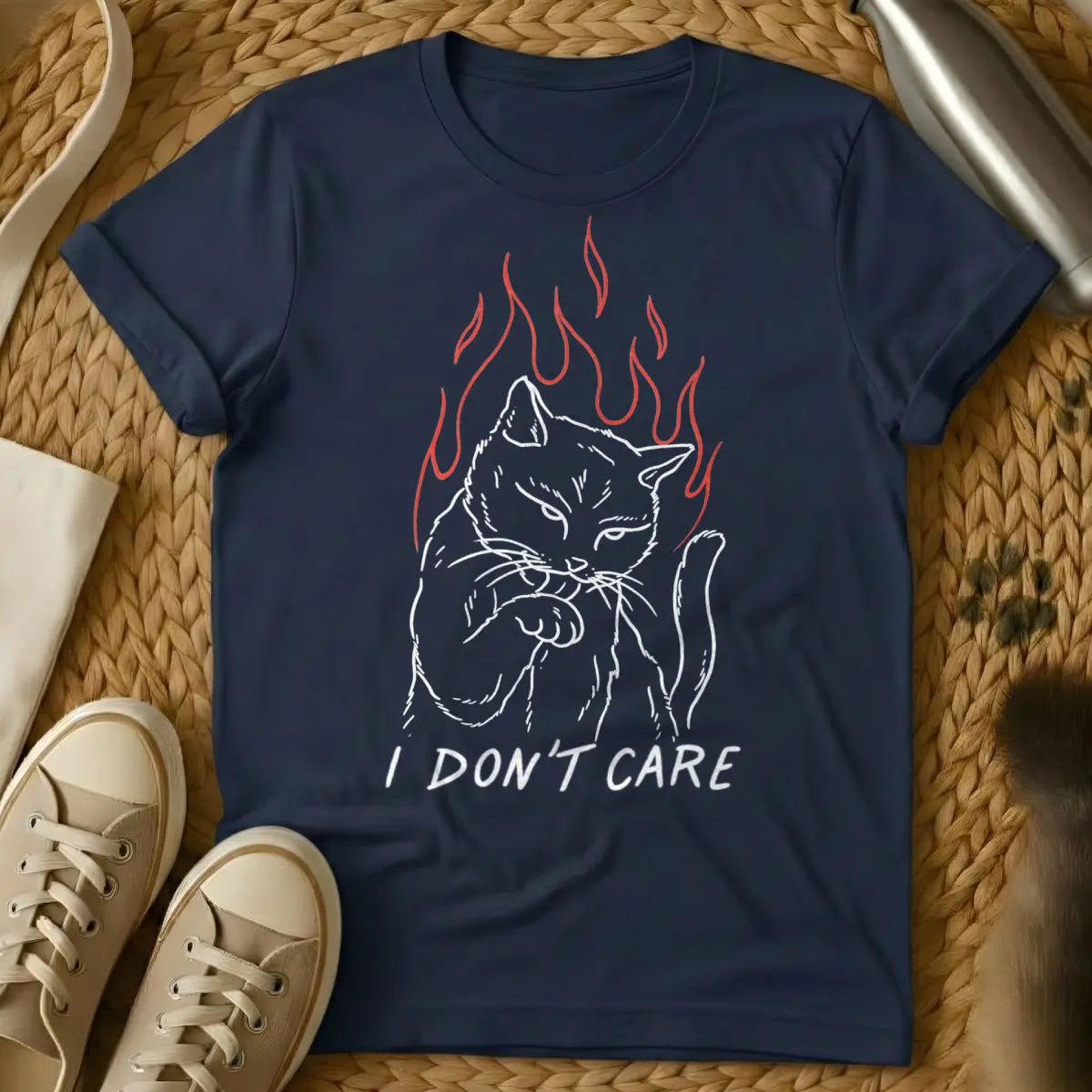I Don't Care Cat Shirt - Navy Cat T-Shirt