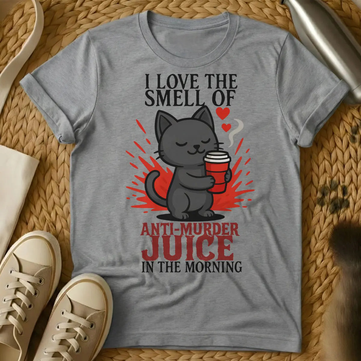 Coffee Cat T-Shirt - Gray T-Shirt - caffeine feline, cat approved coffee, feline coffee critic