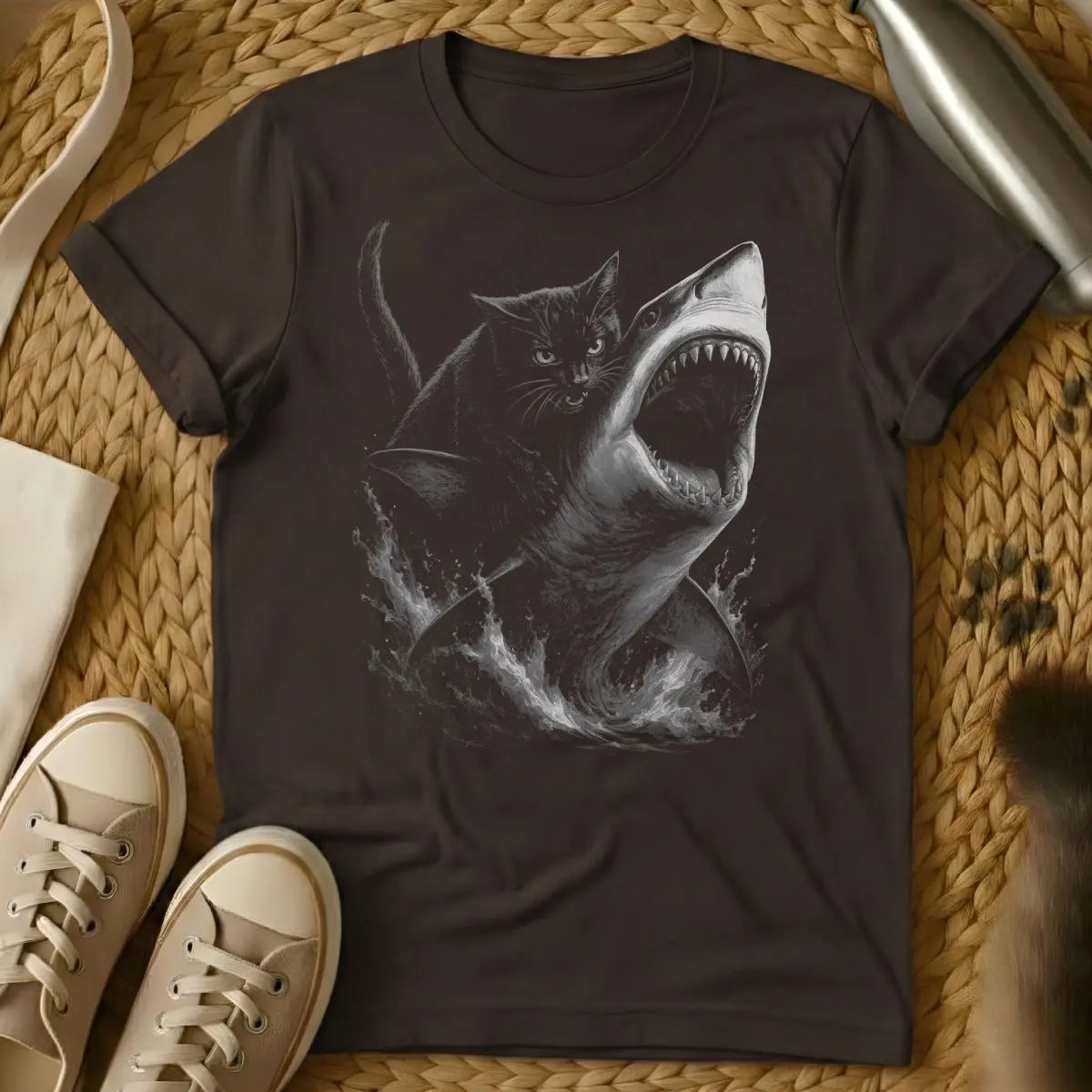 Cat Riding Shark Shirt - Dark Chocolate T-Shirt - absurdist animalia, feline overlord, interspecies powerplay