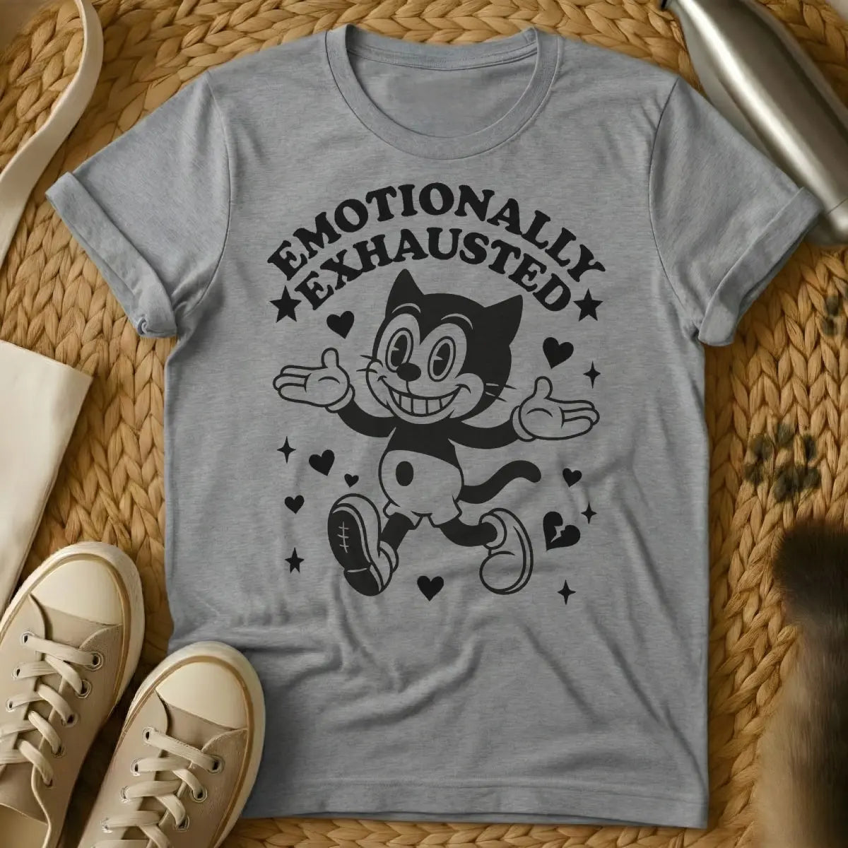 Emotionally Exhausted Cat Shirt - Gray T-Shirt - burnout humor, comfort core, emotional support animal humor