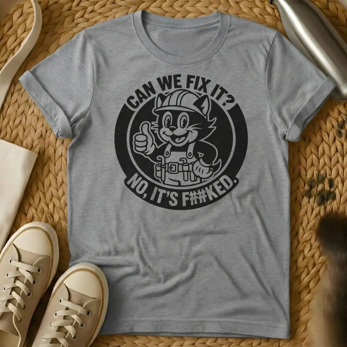 Can We Fix It Cat Shirt - Gray T-Shirt - bob the builder parody, cat supervisor meme, diy cat humor
