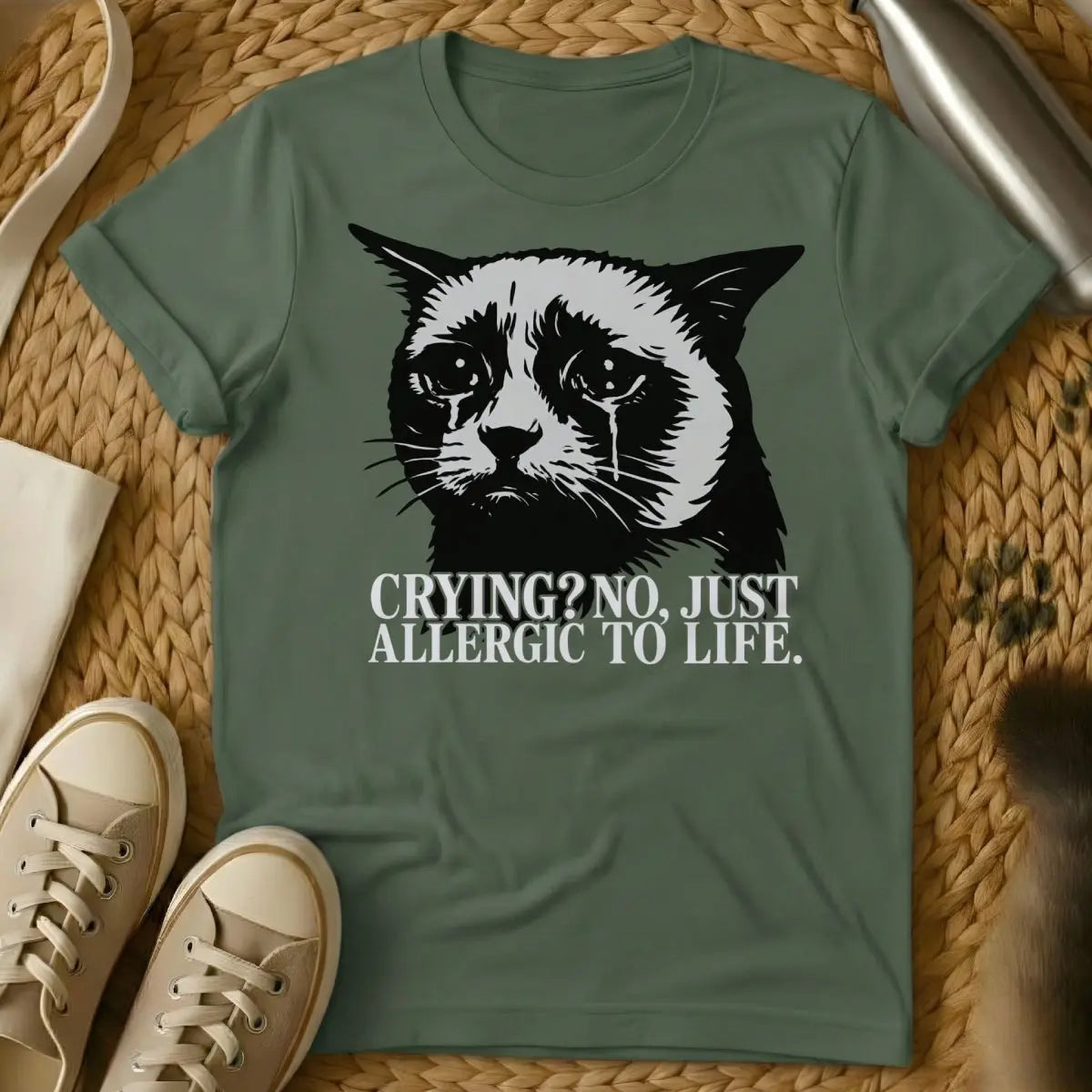 Crying Cat Shirt - Military Green T-Shirt - dank meme, emotional meme, internet aesthetic