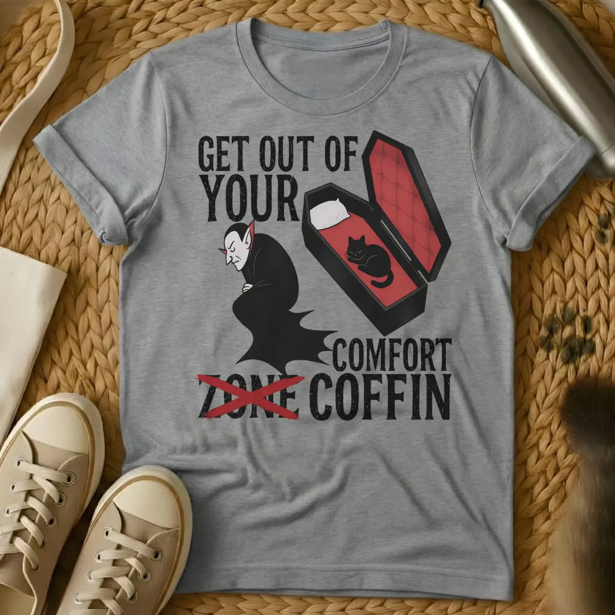 Comfort Zone Coffin Cat Shirt - Gray T-Shirt - anti-hustle culture, couch potato core, goth cat