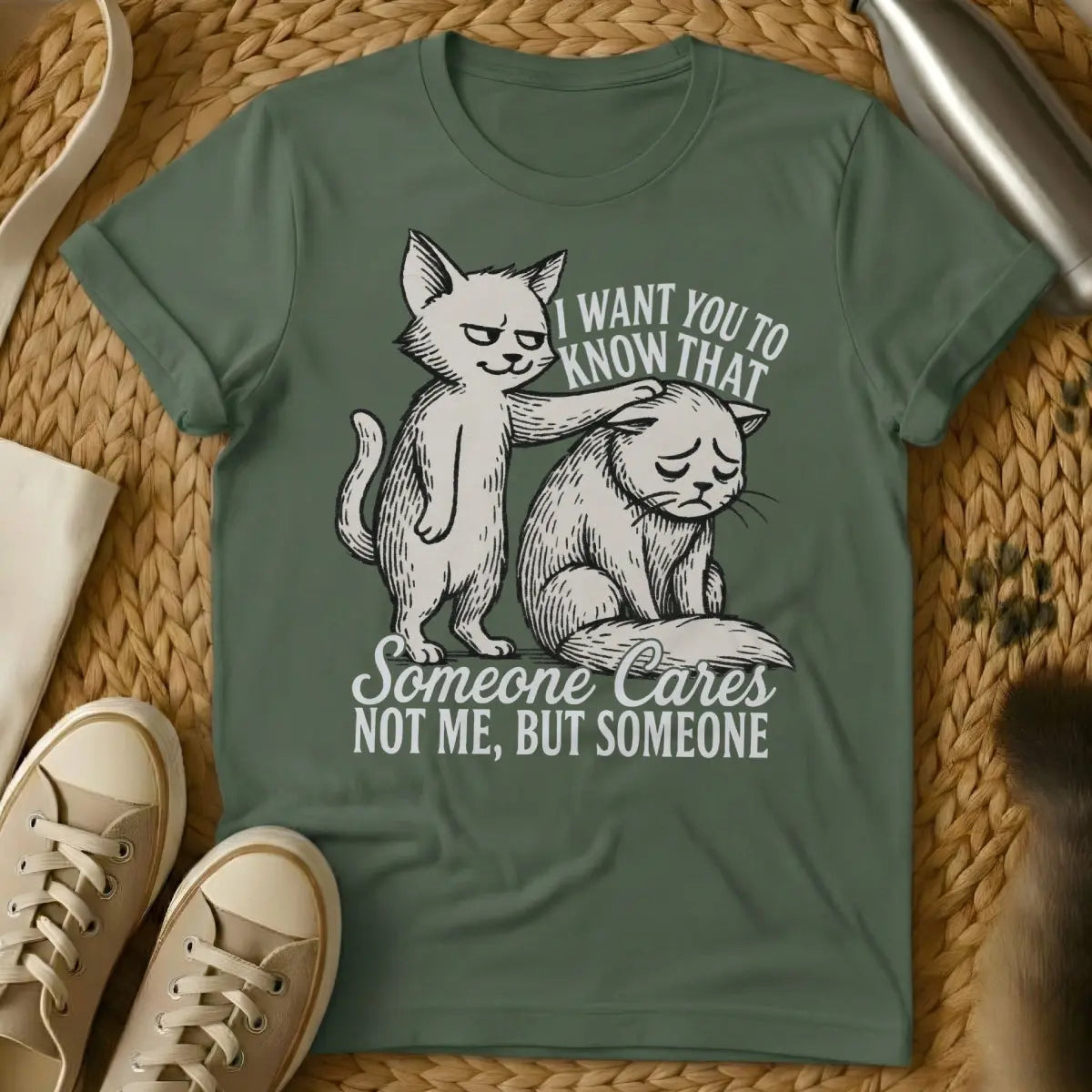 I Don't Care Cat Shirt - Military Green Cat T-Shirt