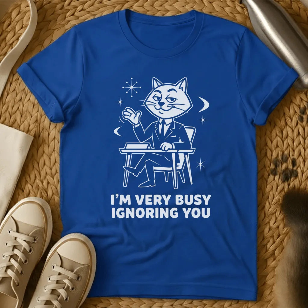 Royal - Black t-shirt with vintage cartoon cat at desk design and text reading "I'm Very Busy Ignoring You
