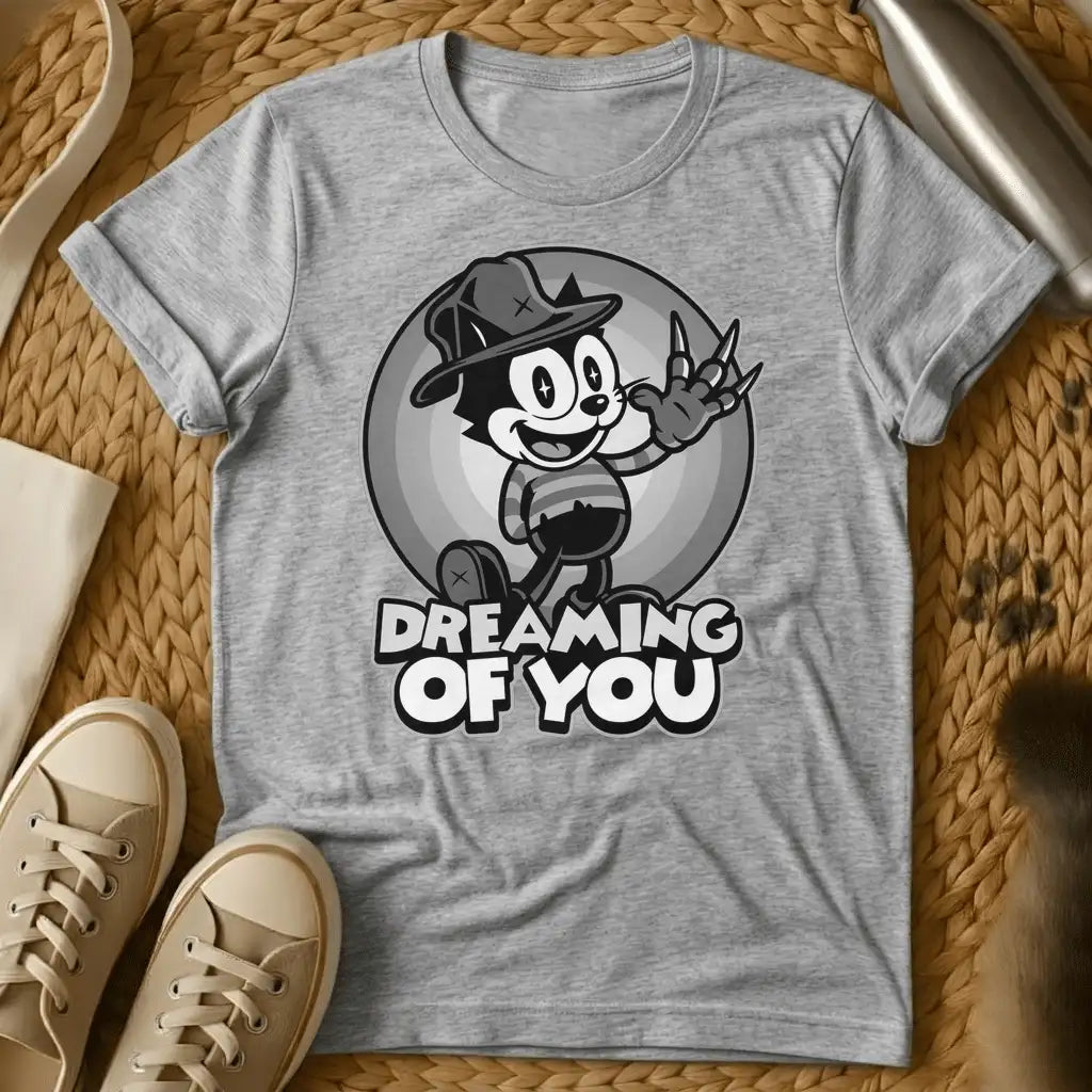 Sport Grey - Vintage cartoon cat in cowboy hat waving in front of moon with "Dreaming of You" text on sage green t-shirt