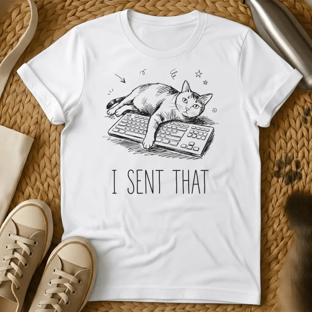 White - Olive green t-shirt with black line drawing of a cat on keyboards and text reading "I SENT THAT