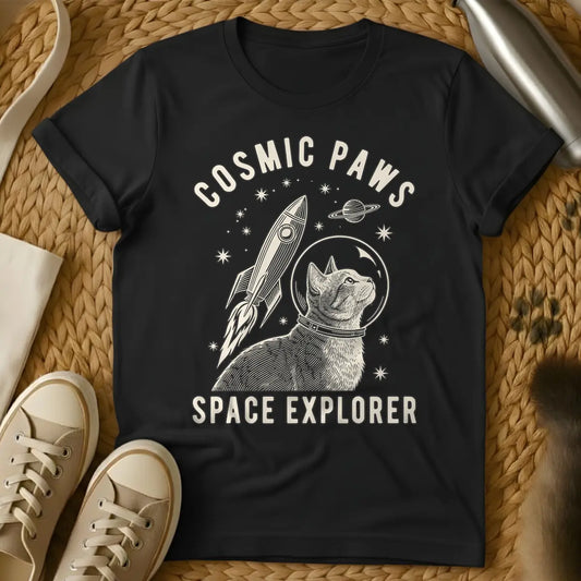 Black - Beige woodcut-style illustration of a cat wearing a space helmet looking up, with a rocket launching beside it, a ringed planet, and stars in the background. Arched text at the top reads "COSMIC PAWS" and text at the bottom reads "SPACE EXPLORER".