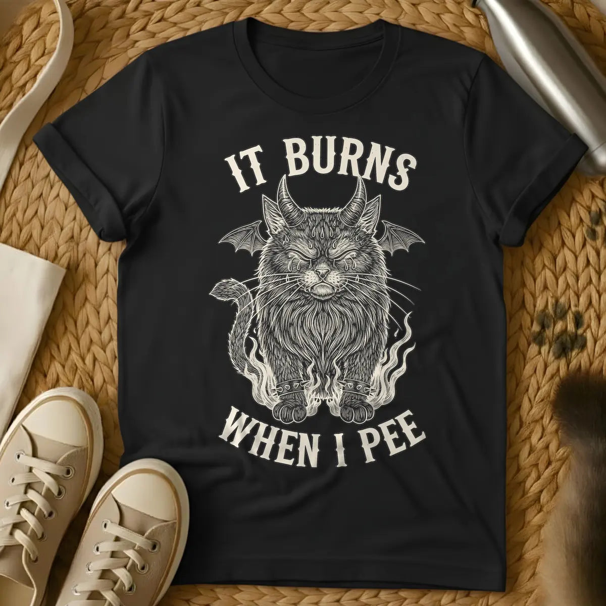 Black - A distressed illustration of a devil cat with horns, bat wings, tears, spiked bracelets, and flames, with the text "IT BURNS WHEN I PEE".