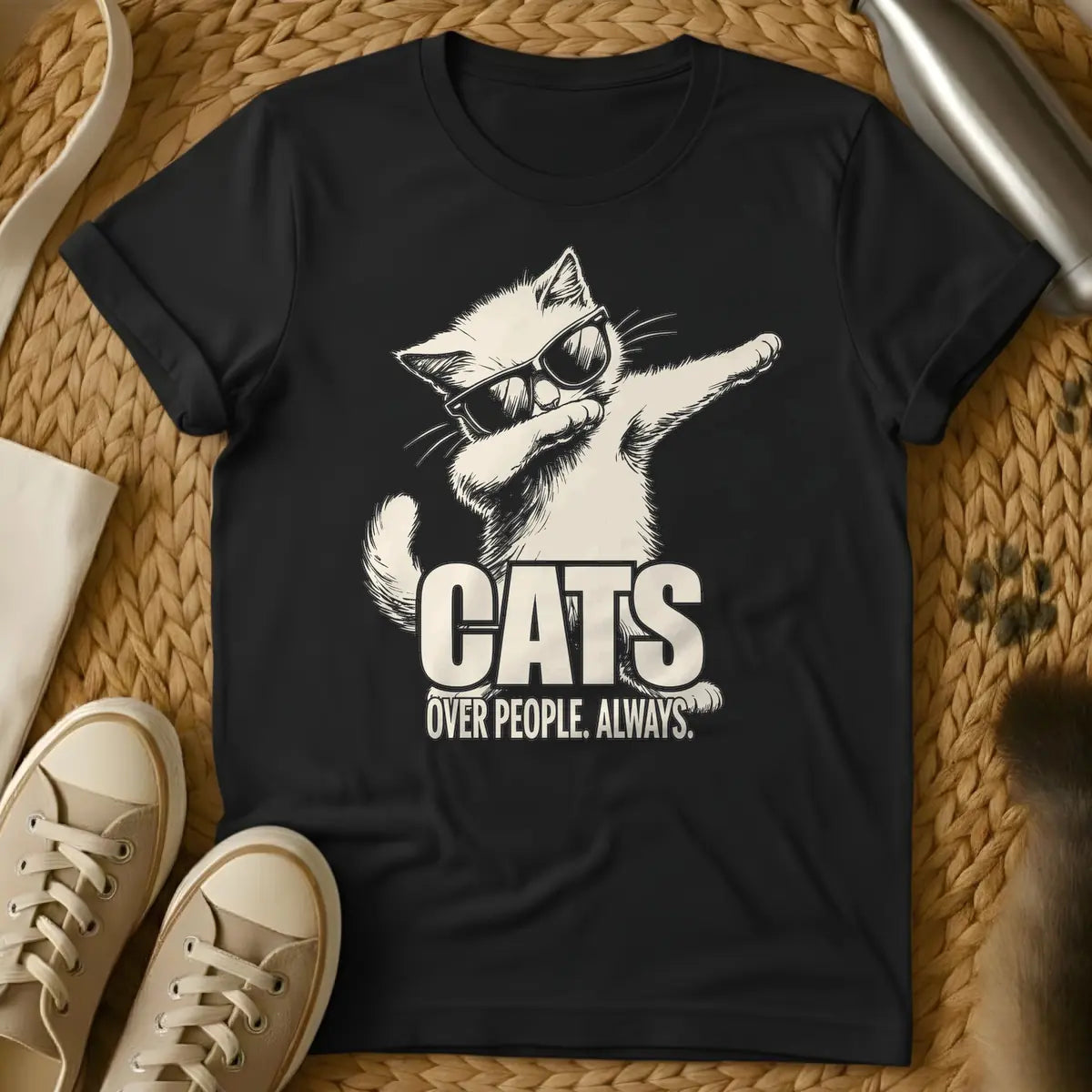 Black - Light beige sketchy drawing of a cat wearing sunglasses and dabbing, with the text "CATS OVER PEOPLE. ALWAYS." below it.