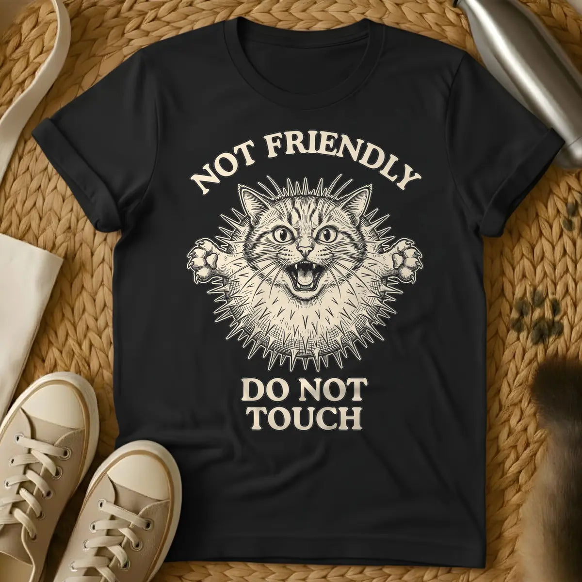 Black - Black and white illustration of an angry cat with a spiky pufferfish body, baring fangs and extending claws. Above the cat, text reads 'NOT FRIENDLY', and below, 'DO NOT TOUCH'.