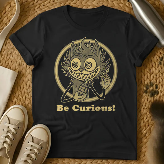 Black - Gold-toned graphic of a grinning, spiky-haired cat creature with spiral eyes, holding a lollipop and a pineapple grenade, contained within a circle. Below, the text reads 'Be Curious!'.