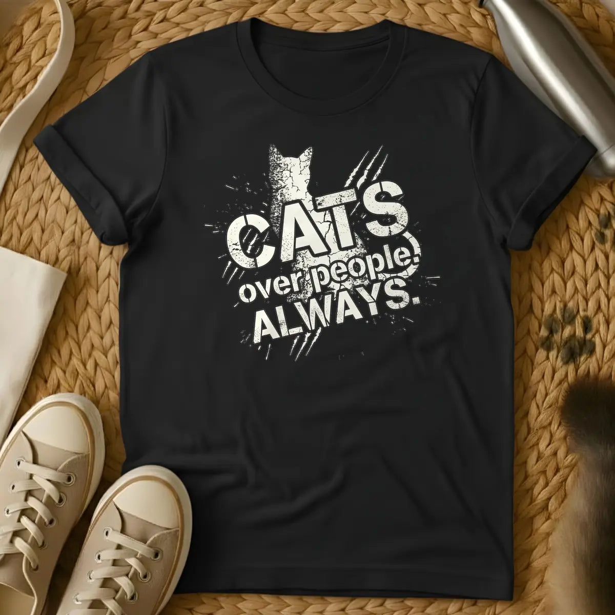 Black - Distressed black text "CATS over people! ALWAYS." with a cat silhouette and scratch marks on a white background.