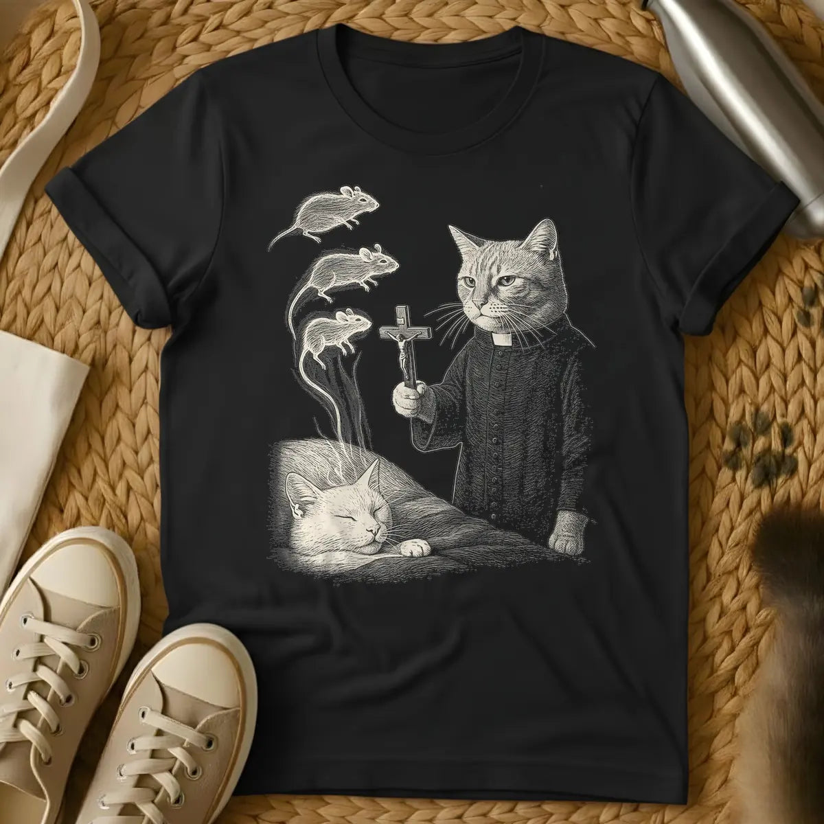 Black - Vintage engraving style illustration in light beige, featuring a cat dressed as a priest holding a crucifix, watching three ghostly mice ascend towards the sky, while a second cat sleeps below.