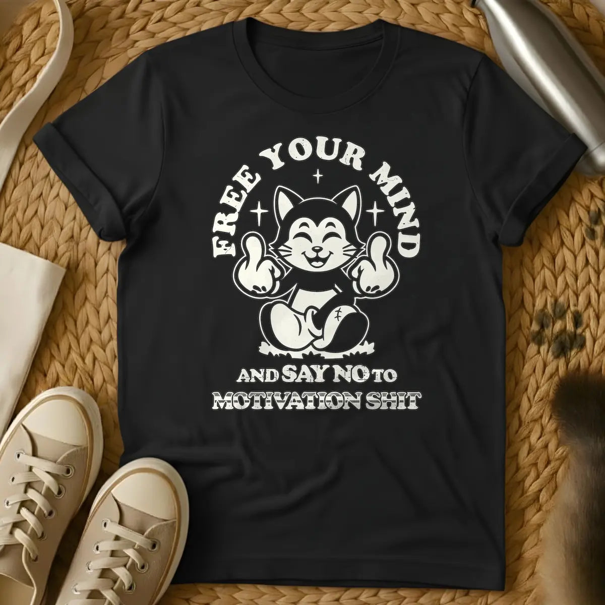 Black - Distressed beige graphic of a smiling, meditating cartoon cat-like creature flipping off the viewer with both middle fingers, surrounded by the arched text "FREE YOUR MIND" above and "AND SAY NO TO MOTIVATION SHIT" below.